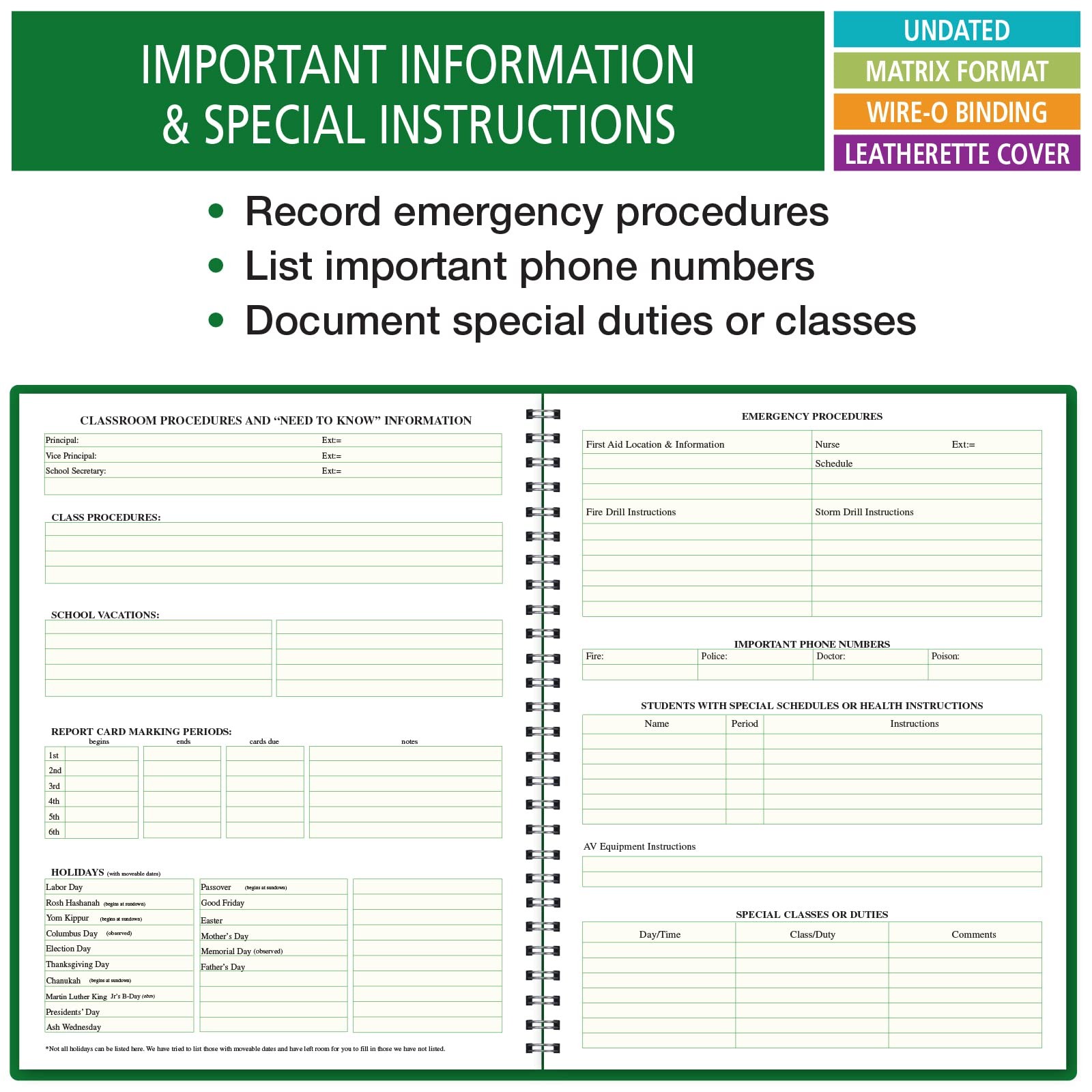 Green Lesson Plan And Grade Record Book 8.5 X 11 For Teachers 50 Students