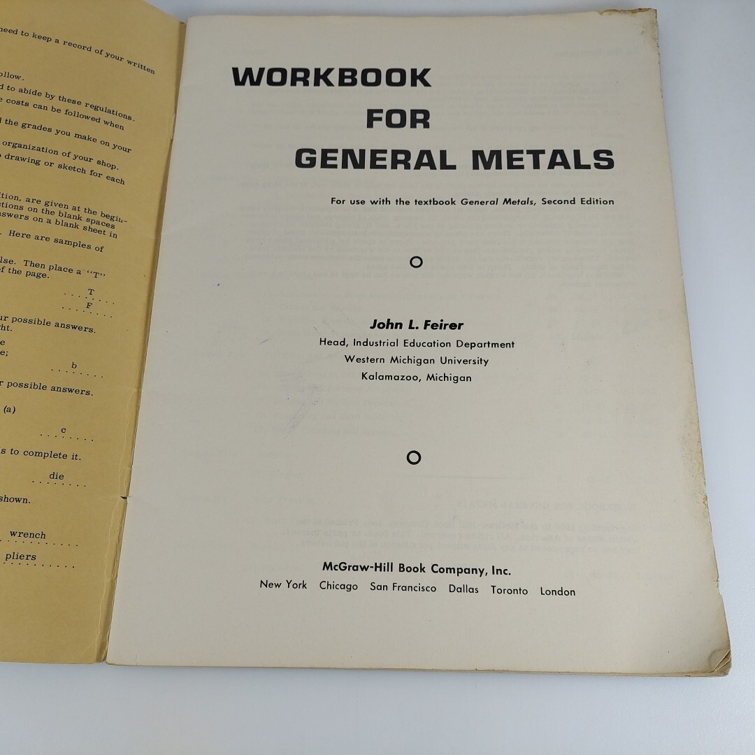 Workbook For General Metals Second Edition by John Feirer 1960 Illustrated PB